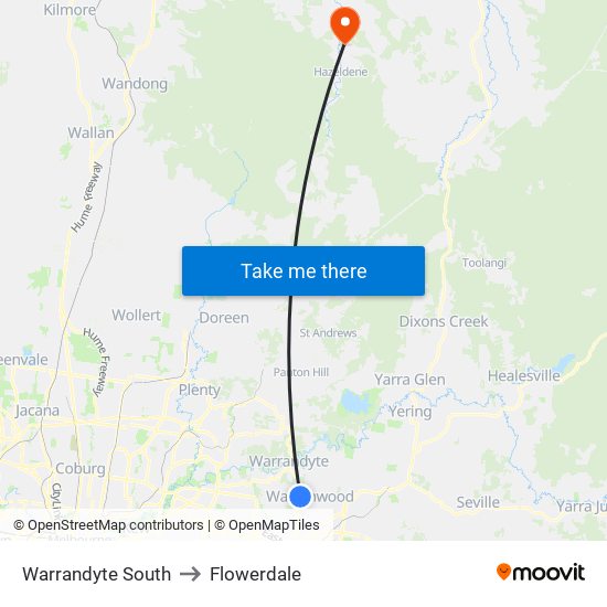 Warrandyte South to Flowerdale map