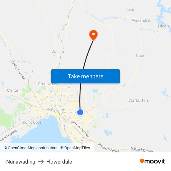 Nunawading to Flowerdale map