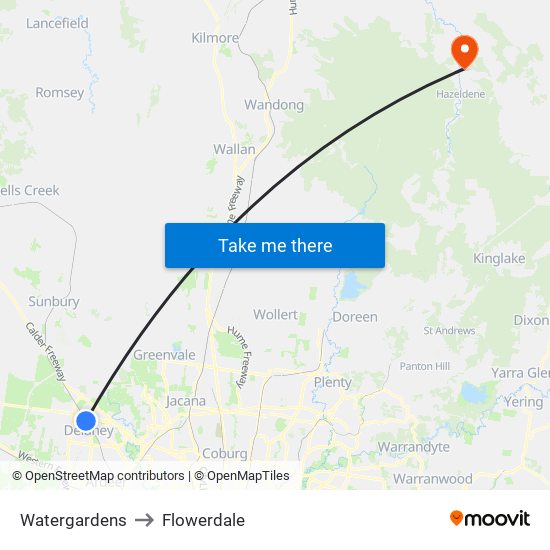 Watergardens to Flowerdale map