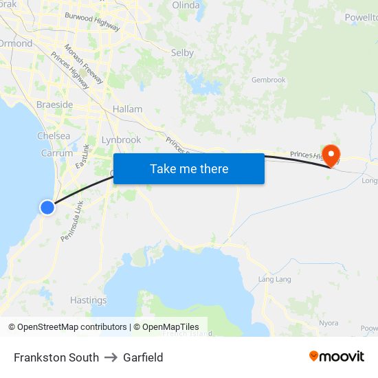 Frankston South to Garfield map