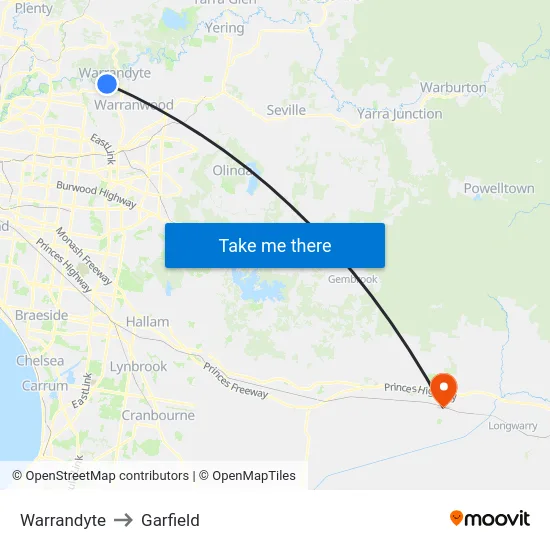 Warrandyte to Garfield map