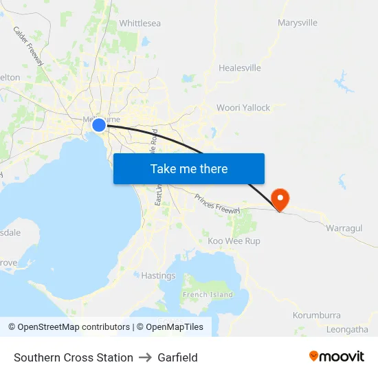Southern Cross Station to Garfield map