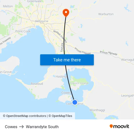 Cowes to Warrandyte South map