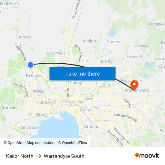 Keilor North to Warrandyte South map