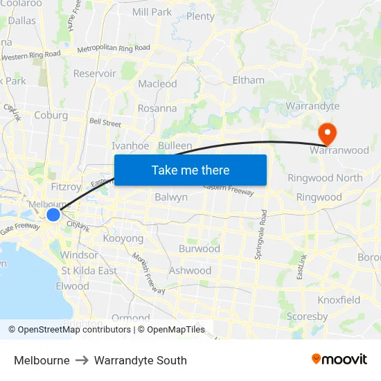 Melbourne to Warrandyte South map