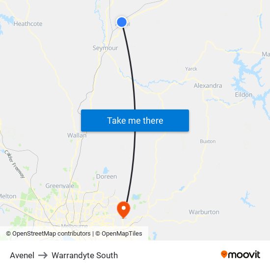 Avenel to Warrandyte South map