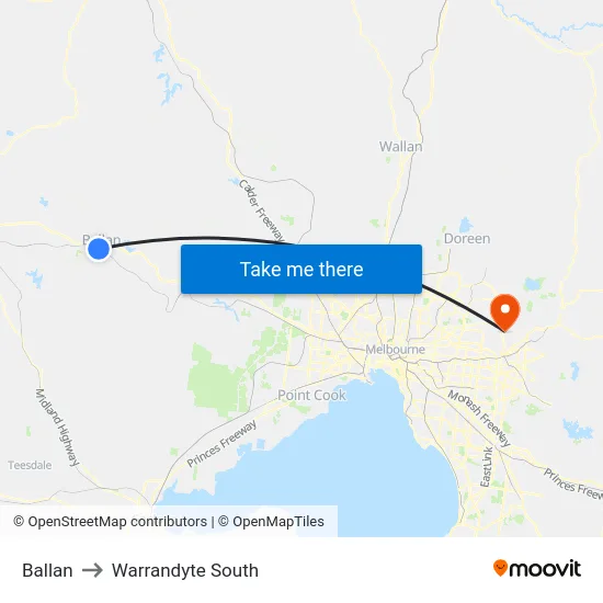 Ballan to Warrandyte South map
