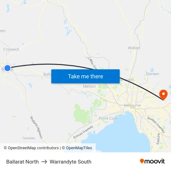 Ballarat North to Warrandyte South map