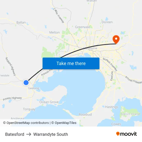 Batesford to Warrandyte South map