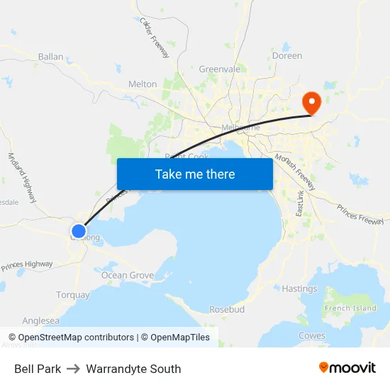 Bell Park to Warrandyte South map
