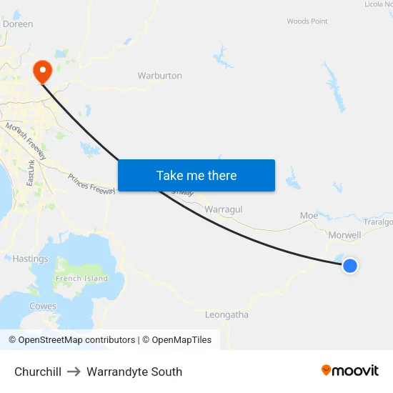 Churchill to Warrandyte South map