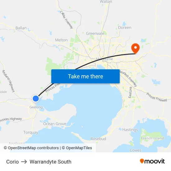 Corio to Warrandyte South map