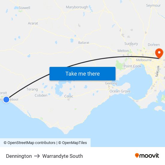 Dennington to Warrandyte South map