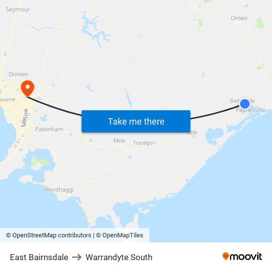 East Bairnsdale to Warrandyte South map