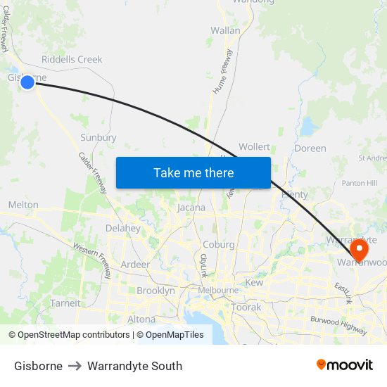 Gisborne to Warrandyte South map