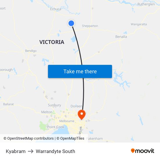 Kyabram to Warrandyte South map