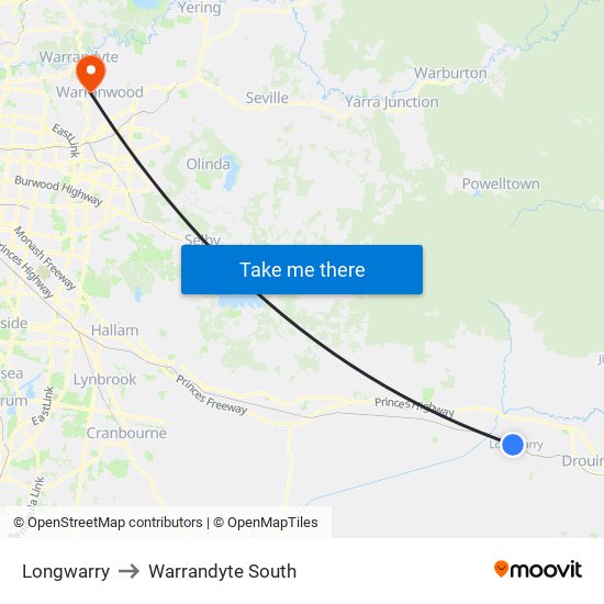 Longwarry to Warrandyte South map