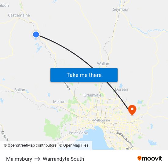 Malmsbury to Warrandyte South map