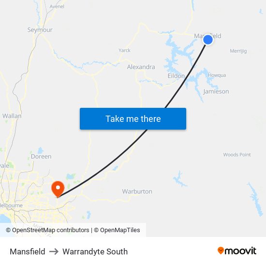 Mansfield to Warrandyte South map