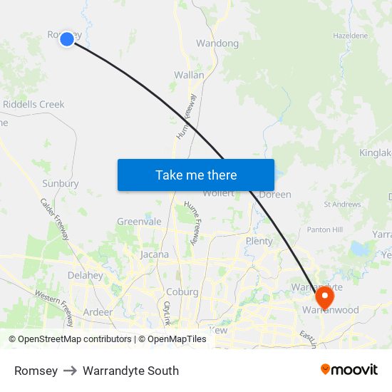 Romsey to Warrandyte South map