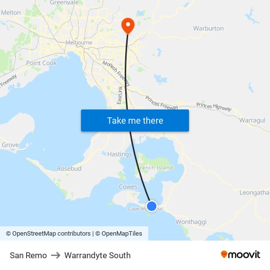 San Remo to Warrandyte South map