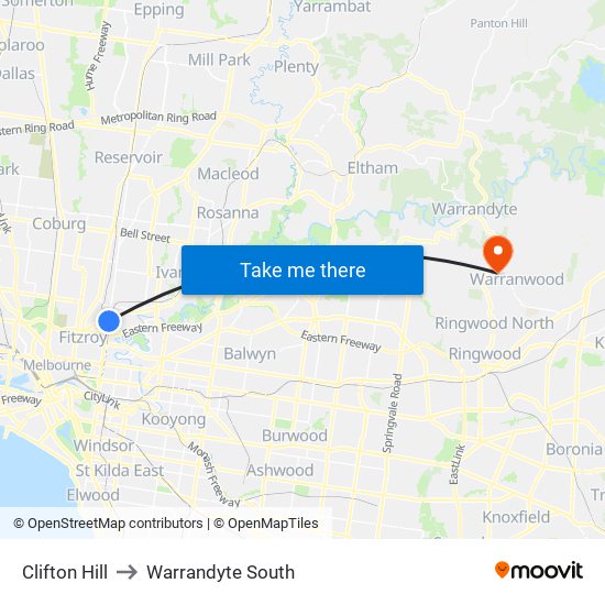 Clifton Hill to Warrandyte South map