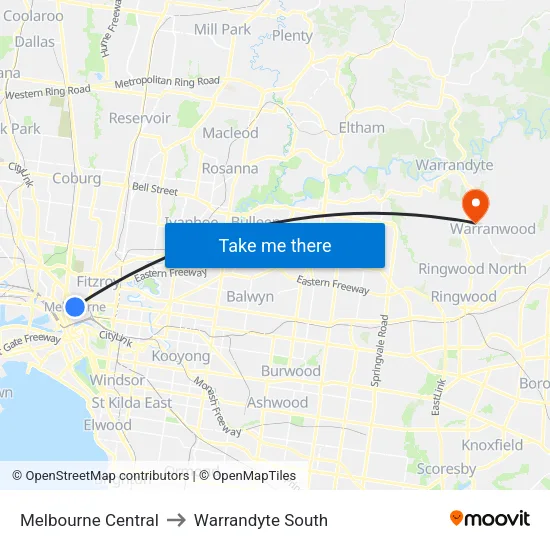 Melbourne Central to Warrandyte South map