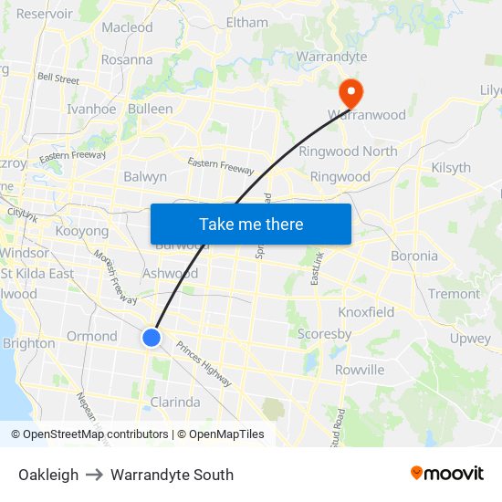 Oakleigh to Warrandyte South map