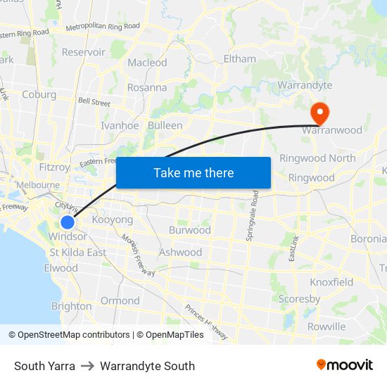 South Yarra to Warrandyte South map