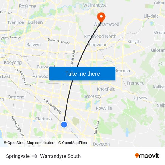 Springvale to Warrandyte South map