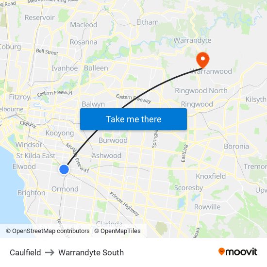 Caulfield to Warrandyte South map