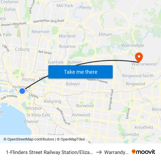 1-Flinders Street Railway Station/Elizabeth St (Melbourne City) to Warrandyte South map