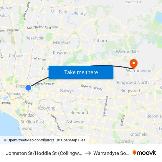 Johnston St/Hoddle St (Collingwood) to Warrandyte South map