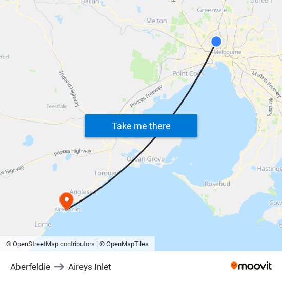 Aberfeldie to Aireys Inlet map