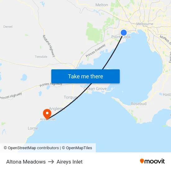 Altona Meadows to Aireys Inlet map