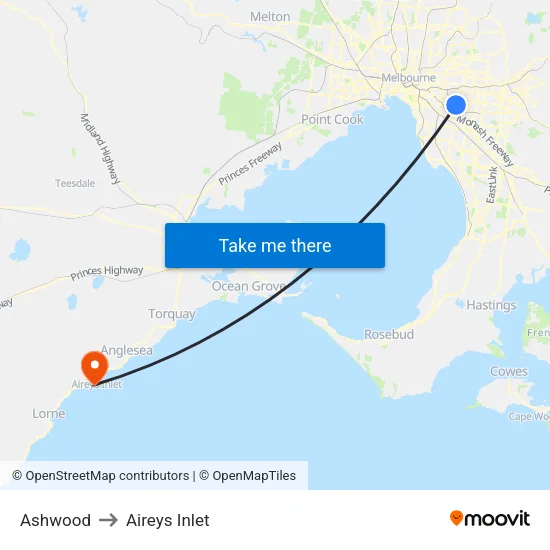 Ashwood to Aireys Inlet map