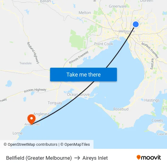 Bellfield (Greater Melbourne) to Aireys Inlet map