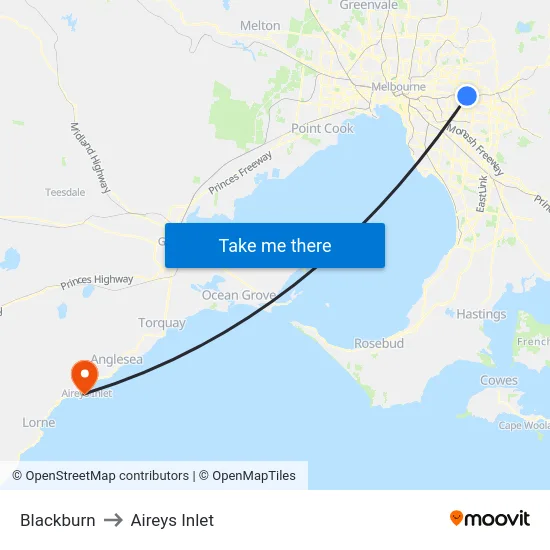 Blackburn to Aireys Inlet map