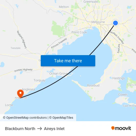 Blackburn North to Aireys Inlet map