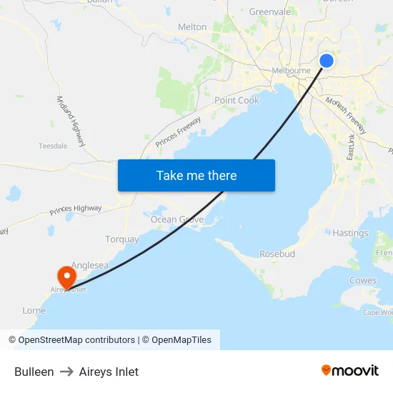 Bulleen to Aireys Inlet map