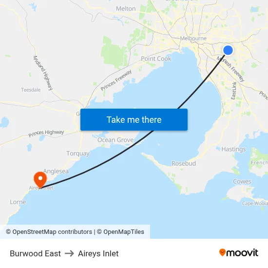 Burwood East to Aireys Inlet map