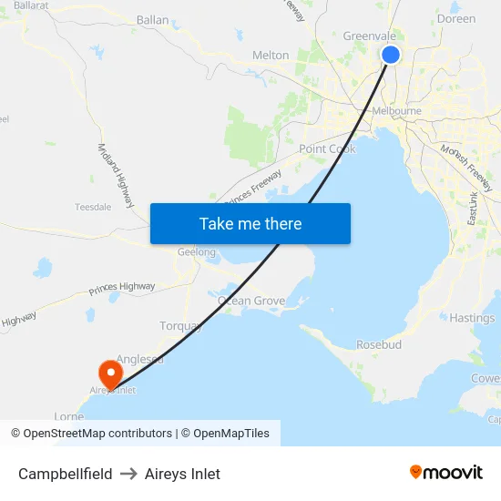 Campbellfield to Aireys Inlet map