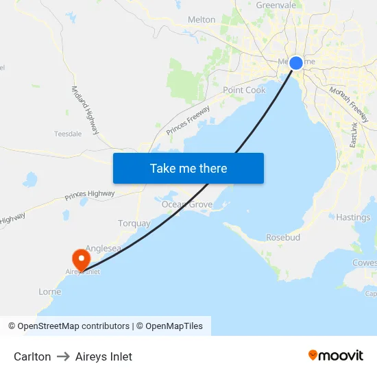 Carlton to Aireys Inlet map