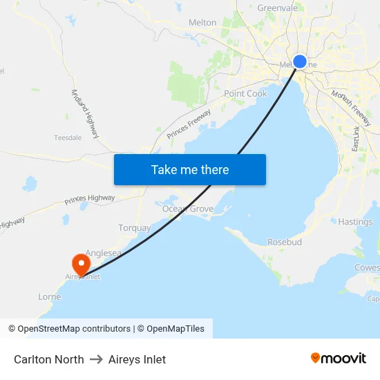 Carlton North to Aireys Inlet map