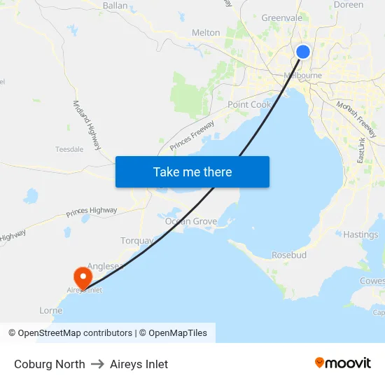 Coburg North to Aireys Inlet map