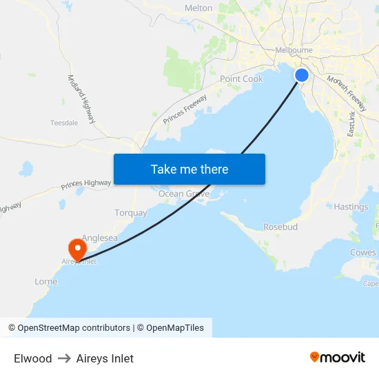 Elwood to Aireys Inlet map