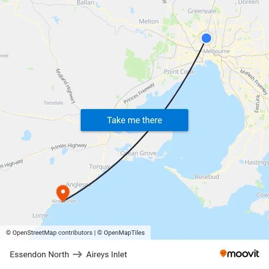 Essendon North to Aireys Inlet map