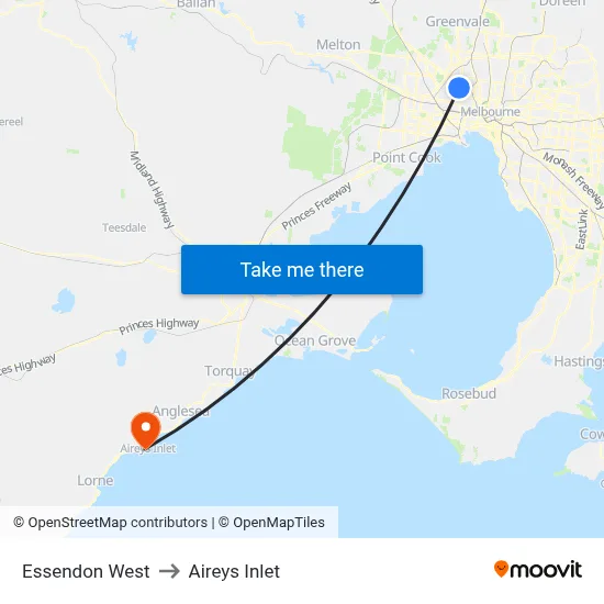 Essendon West to Aireys Inlet map