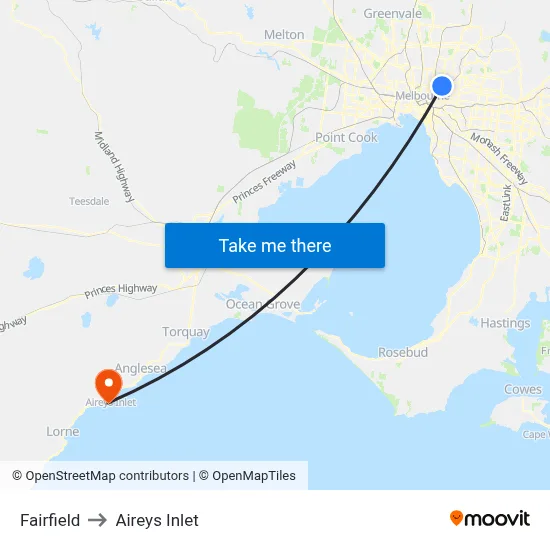 Fairfield to Aireys Inlet map