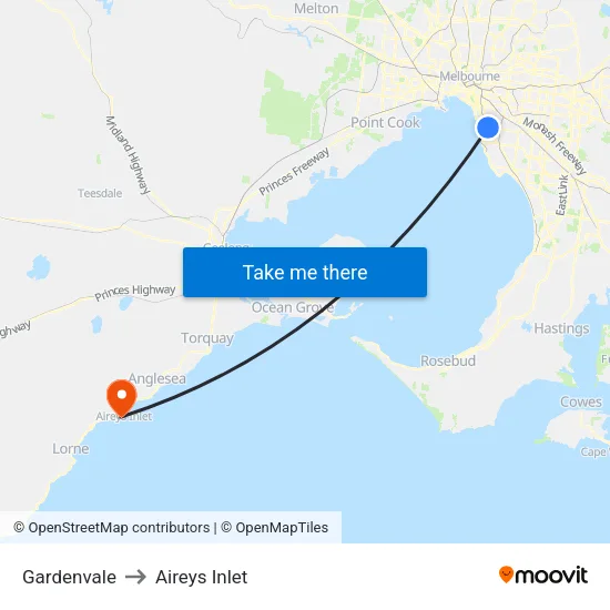 Gardenvale to Aireys Inlet map